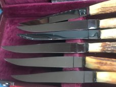 Vint JA Henckels Friodur Set of 6 Stag Handled Steak Knives -Solingen -USED items Good for Camping Vint JA Henckels Friodur Set of 6 Stag Handled Steak Knives -Solingen -USED items Good for Camping