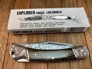 Explorer by Gutmann N.Y.  5” Lockback Damascus Etched Stainless Grey Pakkawood Seki Japan