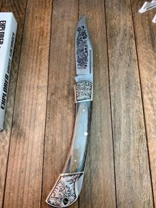 Explorer by Gutmann N.Y. 5” Lockback Damascus Etched Stainless Grey Pakkawood Seki Japan Explorer by Gutmann N.Y. 5” Lockback Damascus Etched Stainless Grey Pakkawood Seki Japan