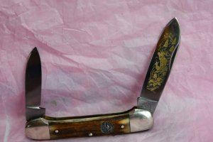 C. Schlieper Solingen Germany Gold plated deer etch Canoe type knife!