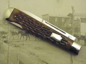 Schatt & Morgan, Keystone Series X, Woodland Root Beer Bone Lockback, #04111L: 2000, 4 1/2” closed, 