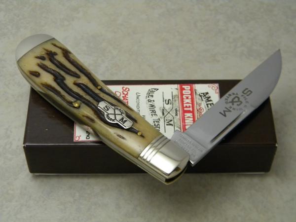 Schatt & Morgan Cutlery Co. Titusville PA Bone 041001 Wharncliffe Swayback Clasp Knife in Box c.2010