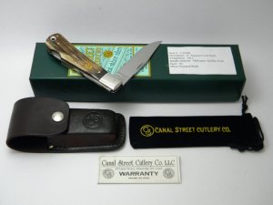 Canal Street Cutlery Co. USA Mahogany Buffalo Horn Squeeze Lockback Knife & Pouch in Box