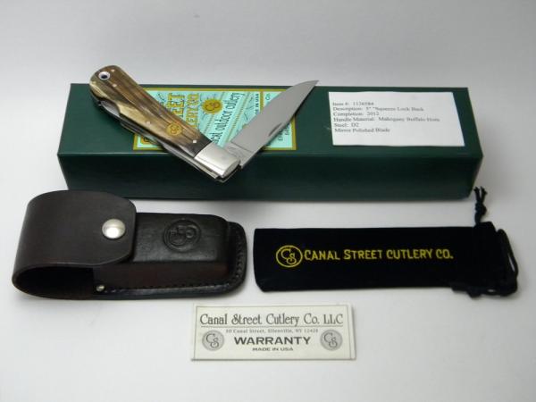 Canal Street Cutlery Co. USA Mahogany Buffalo Horn Squeeze Lockback Knife & Pouch in Box