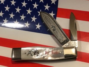 Vintage Bulldog Brand 2 Blade Gunstock Knife w/ Flashy Mother of Pearl Handles +Laser Etching