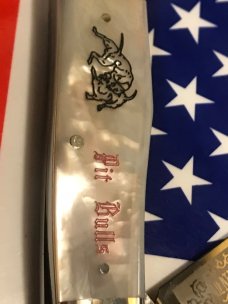 Vintage Bulldog Brand 2 Blade Gunstock Knife w/ Flashy Mother of Pearl Handles +Laser Etching Vintage Bulldog Brand 2 Blade Gunstock Knife w/ Flashy Mother of Pearl Handles +Laser Etching