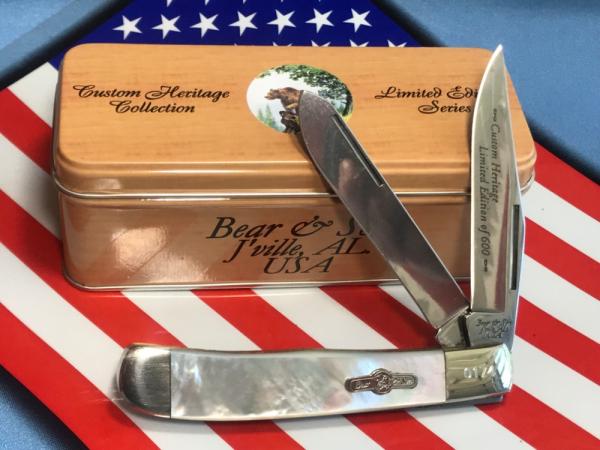 Bear & Son Custom Heritage Special Build Knife w Genuine Fiery Mother of Pearl Handles +Orig Tin Bear & Son Custom Heritage Special Build Knife w Genuine Fiery Mother of Pearl Handles +Orig Tin