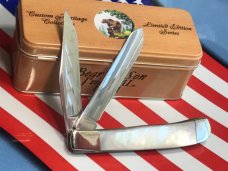 Bear & Son Custom Heritage Special Build Knife w Genuine Fiery Mother of Pearl Handles +Orig Tin Bear & Son Custom Heritage Special Build Knife w Genuine Fiery Mother of Pearl Handles +Orig Tin