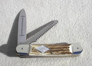 NOS RARE OLDER KNIFE WITH NAIL NICK,  HUBERTUS BOY SCOUT 11CM STAG SPRINGER LEVERLOCK WITH SAWBLADE 