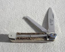 NOS RARE OLDER KNIFE WITH NAIL NICK,  HUBERTUS BOY SCOUT 11CM STAG SPRINGER LEVERLOCK WITH SAWBLADE 
