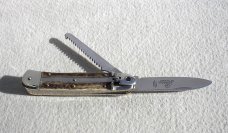 NOS RARE OLDER KNIFE WITH NAIL NICK,  HUBERTUS BOY SCOUT 11CM STAG SPRINGER LEVERLOCK WITH SAWBLADE 