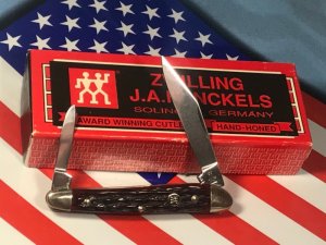 Vintage J A Henckels 2 Blade Half Whittler Pocket Knife with Great Dark Red Pick Bone Handles -NOS