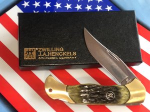 Vintage J A Henckels 4" Folding Lock Back Hunting/Hunter Knife with Green Pick Bone Handles - NOS