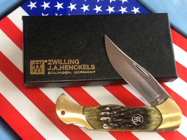 Vintage J A Henckels 4" Folding Lock Back Hunting/Hunter Knife with Green Pick Bone Handles - NOS Vintage J A Henckels 4" Folding Lock Back Hunting/Hunter Knife with Green Pick Bone Handles - NOS