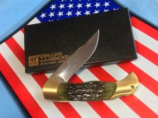 Vintage J A Henckels 4" Folding Lock Back Hunting/Hunter Knife with Green Pick Bone Handles - NOS Vintage J A Henckels 4" Folding Lock Back Hunting/Hunter Knife with Green Pick Bone Handles - NOS