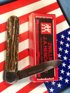 J A Henckels (Friodur) 1 Blade Push Lock Large Hunter w/ Outstanding Stag Handles -MDL# 2104 -NOS J A Henckels (Friodur) 1 Blade Push Lock Large Hunter w/ Outstanding Stag Handles -MDL# 2104 -NOS