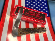 J A Henckels (Friodur) 1 Blade Push Lock Large Hunter w/ Outstanding Stag Handles -MDL# 2104 -NOS J A Henckels (Friodur) 1 Blade Push Lock Large Hunter w/ Outstanding Stag Handles -MDL# 2104 -NOS