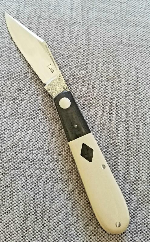 K'roo Custom Clip Tuxedo Barlow Knife,2020,NEW, 3.5",N690 ivory micarta & black carbon fiber K'roo Custom Clip Tuxedo Barlow Knife,2020,NEW, 3.5",N690 ivory micarta & black carbon fiber