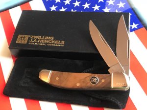 J A Henckels Copperhead Pocket Knife w/ European Gunstock Walnut Handles +Pouch, COA & Hard Box -NOS