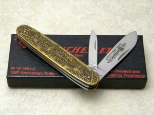 Winchester Trademark USA 1991-2 Model 1866 Rifle 125th Anniversary Brass 2 Blade Pen Knife in Box