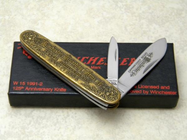 Winchester Trademark USA 1991-2 Model 1866 Rifle 125th Anniversary Brass 2 Blade Pen Knife in Box