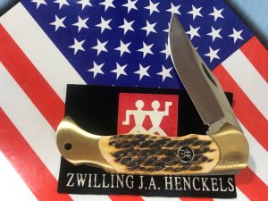 Hard to find..  J A Henckels Folding 4 & 1/2" Hunter Knife w/ Fossil Ivory Handles - NOS in Orig Box