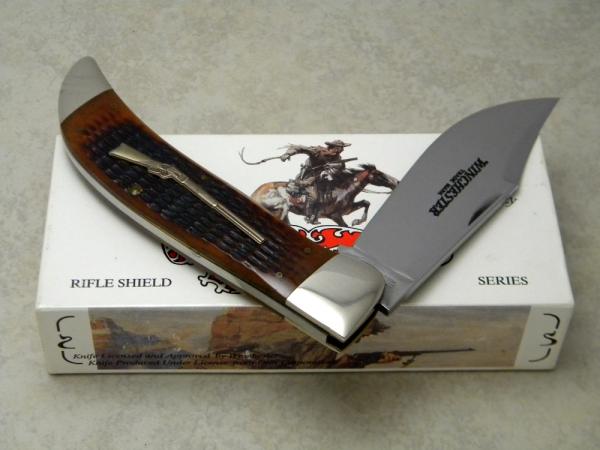 Winchester Trademark USA 1990's Burnt Orange Bone 19108 1/2 Rifle Series Clasp Knife in Box Winchester Trademark USA 1990's Burnt Orange Bone 19108 1/2 Rifle Series Clasp Knife in Box