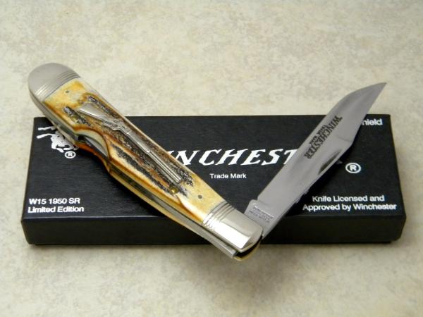 Winchester Trademark USA 1988 Stag 1950 Rifle Series Banana Lockback Knife in Box Winchester Trademark USA 1988 Stag 1950 Rifle Series Banana Lockback Knife in Box