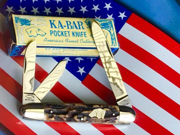 Ka-Bar ka bar (Belpre Ohio) Rhett Stidhams Dog Head Whittler -Gnarly Stag Handles & Blade Etch -NOS