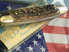Ka-Bar ka bar (Belpre Ohio) Rhett Stidhams Dog Head Whittler -Gnarly Stag Handles & Blade Etch -NOS