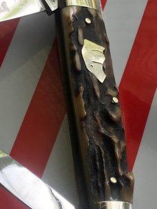 Ka-Bar ka bar (Belpre Ohio) Rhett Stidhams Dog Head Whittler -Gnarly Stag Handles & Blade Etch -NOS