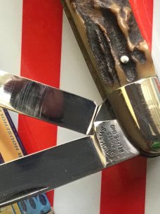 Ka-Bar ka bar (Belpre Ohio) Rhett Stidhams Dog Head Whittler -Gnarly Stag Handles & Blade Etch -NOS