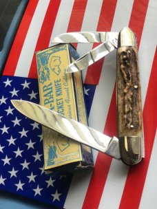 Ka-Bar ka bar (Belpre Ohio) Rhett Stidhams Dog Head Whittler -Gnarly Stag Handles & Blade Etch -NOS