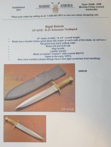 Custom Rigid Arkansas Toothpick Bowie Knife with Sheath. Mint Condition.........................(85)