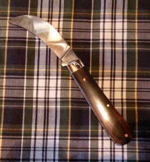 A Wright & Son, Sheffield, England Hawkbill Pruning Knife with Ebony Scales and Curved Pruning Blade