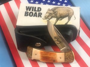 Vintage Parker IMAI K-538 Lockback Hunter Knife w A Wild Boar Blade Etching -Orig Sheath & Box -NOS
