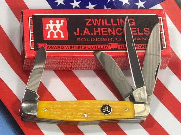 Vintage J A Henckels 4 Blade Stockman (HK-25-YP) with Yellow Handles & Black Shield -NOS Vintage J A Henckels 4 Blade Stockman (HK-25-YP) with Yellow Handles & Black Shield -NOS