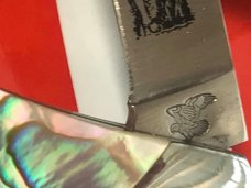 Vintage Frost (Japan) Custom Design Lock Back w/ Fantastic Abalone Handles -Naked Lady Blade Etch Vintage Frost (Japan) Custom Design Lock Back w/ Fantastic Abalone Handles -Naked Lady Blade Etch