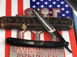  J A Henckels (Graef & Schmidt -Henckels Agent) w Columbus Handle Art Work Straight Razor  +Orig Box