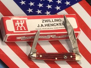Vintage J A Henckels 2 Blade Half Whittler Pocket Knife with Beautiful (AULF) Red Pick Bone Handles