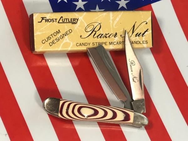 Vintage Frost (Custom Design Series) Razor Nut Knife w Candy Stripe Micatra Handles +NOS in Orig Box Vintage Frost (Custom Design Series) Razor Nut Knife w Candy Stripe Micatra Handles +NOS in Orig Box