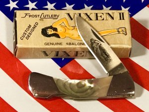 Vintage Frost (Japan) Custom Design Vixen II LockBack w Great Abalone Handles -Naked Lady Blade Etch