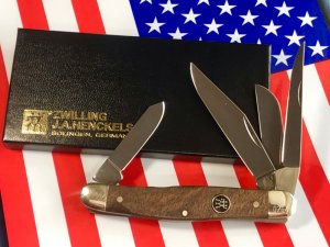 J A Henckels Stockman Knife w/ Great GunStock Walnut Handles - NOS in Orig Box +leather pouch & COA