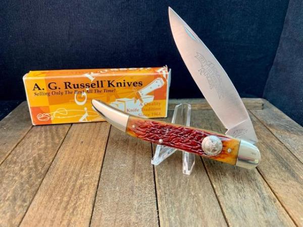 A.G. Russell Lowell Ark Texas Ranger Large Toothpick European Red Deer Jigged Bone 
