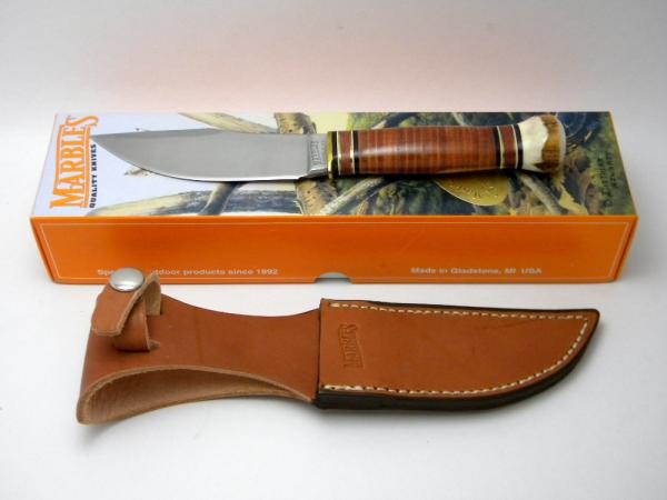 Marbles Gladstone Mich USA Stacked Leather & Stag Woodcraft Fixed Blade Sheath Knife in Box c.1990's