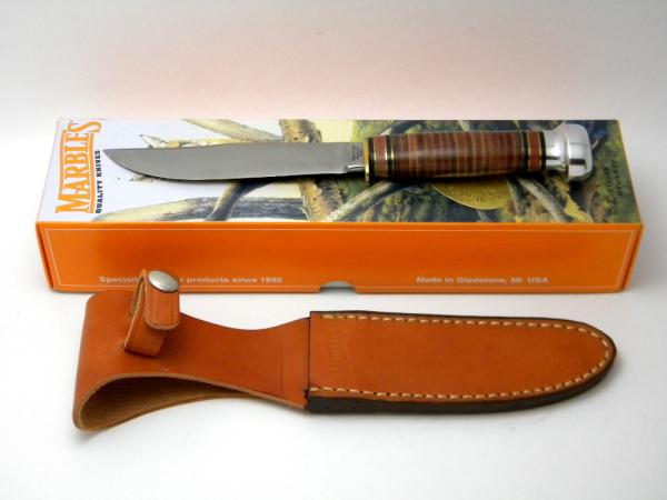 Marbles Gladstone Mich USA Stacked Leather Expert Fixed Blade Sheath Knife in Box c.1990's