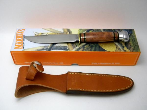 Marbles Gladstone Mich USA Tiger Wood & Aluminum Expert Fixed Blade Sheath Knife in Box c.1990's