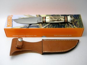 Marbles Gladstone Mich USA Pinned Stag & Stag Handy Fixed Blade Sheath Knife in Box c.1990's
