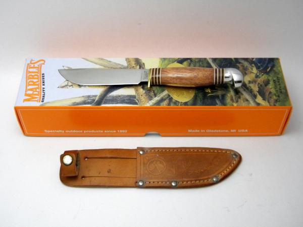 Marbles Gladstone Mich USA Tiger Wood & Aluminum Campcraft Fixed Blade Sheath Knife in Box c.1990's