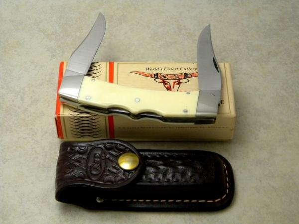 Case XX SS USA 9 Dot (1981) White Texas Lockhorn Double Lockback Knife & Pouch in Box Case XX SS USA 9 Dot (1981) White Texas Lockhorn Double Lockback Knife & Pouch in Box